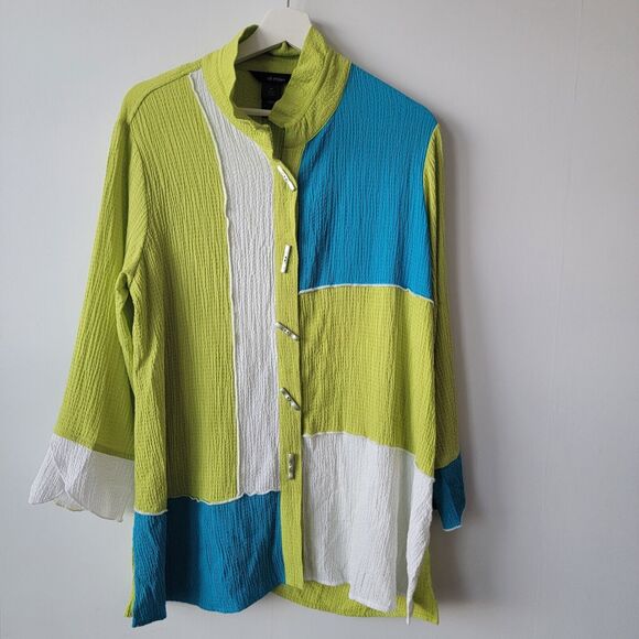 Ali Miles womens Wire Collar Tunic top size M Colorblock Long Button Up Crinkle - Picture 1 of 8